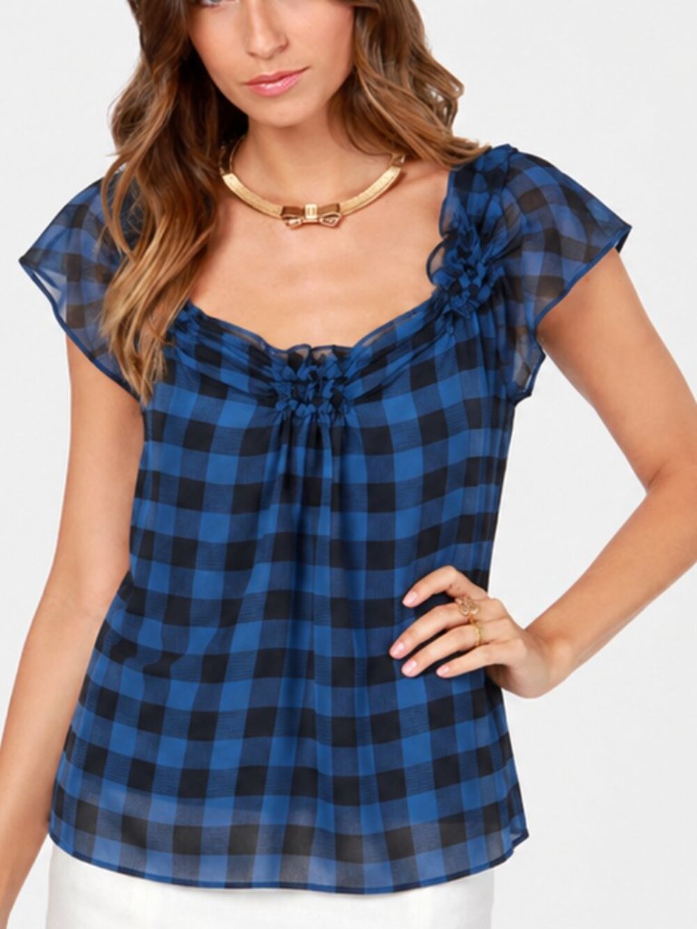 Aryn K Blue and Black Check Peasant Blouse